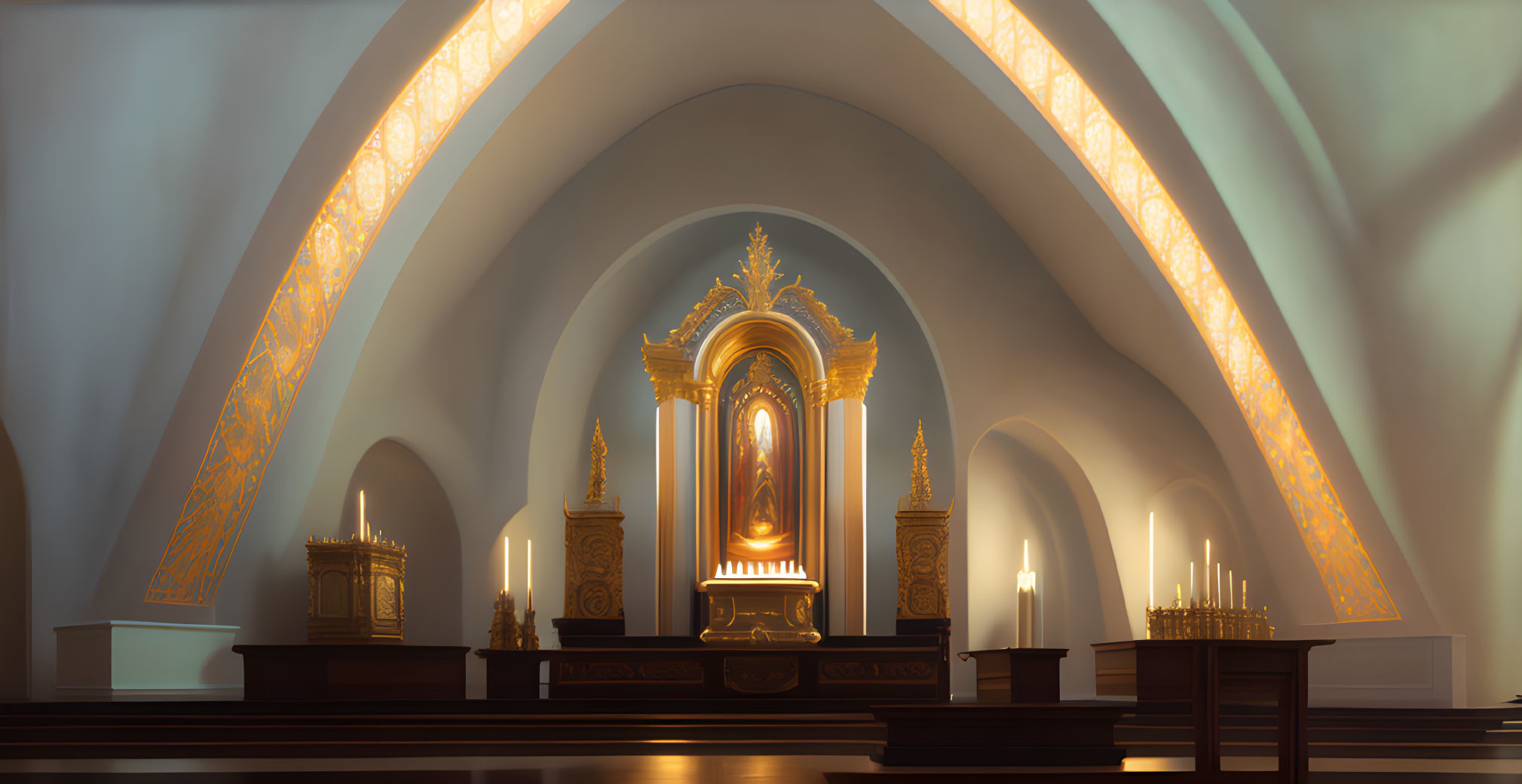 Ornate altar and flickering candles in serene church interior