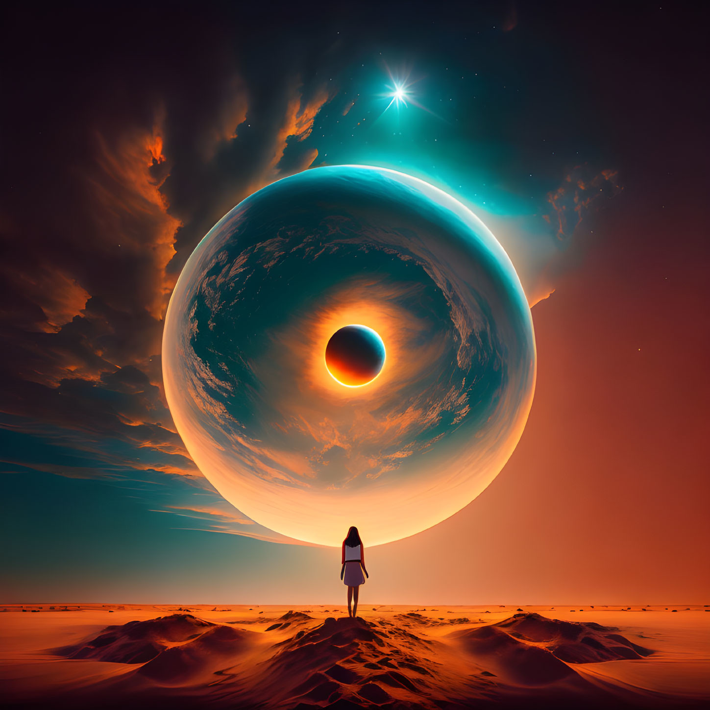 Person standing on desert terrain gazes at large planet and eclipsed body under red sky.