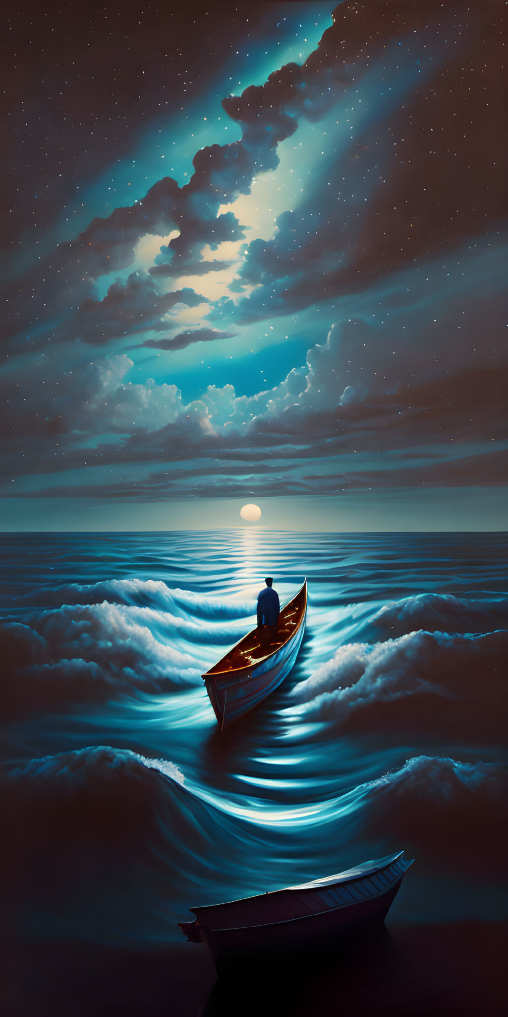 Person in boat under moonlit sky on tranquil sea