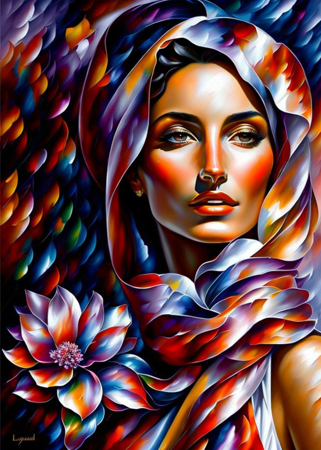 Colorful painting of woman with shawl & lotus flower in vibrant hues