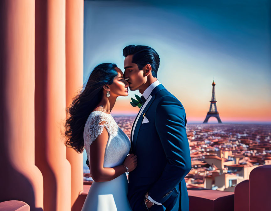 Romantic couple embracing with Eiffel Tower in Paris at sunset