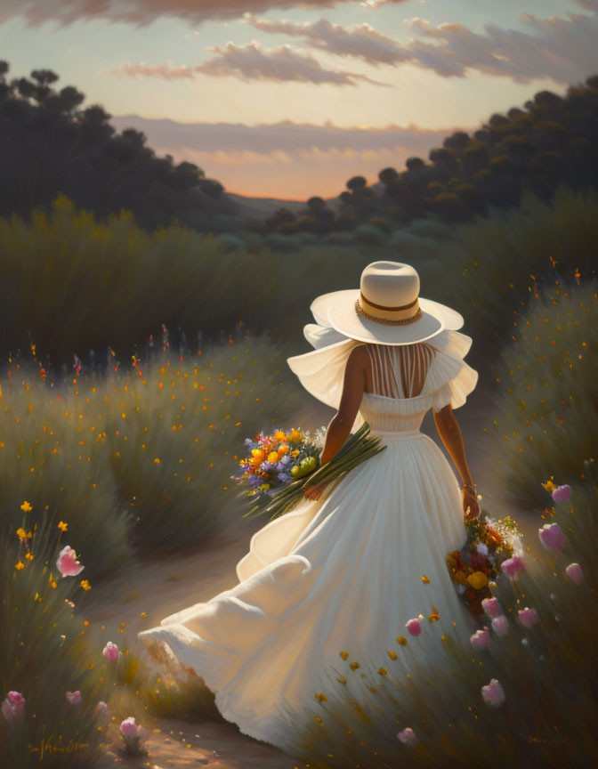 Woman in white dress and hat walking on flower-strewn path at dusk