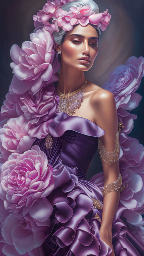 Woman in Purple Off-Shoulder Gown with Pink Flowers & Pearl Jewelry