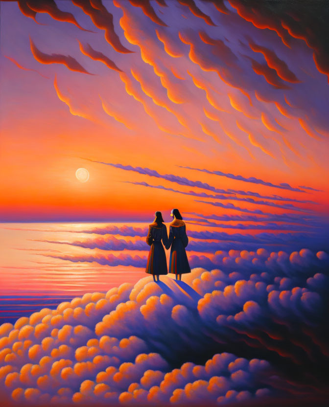 Silhouetted figures on cloud-covered landscape at sunset