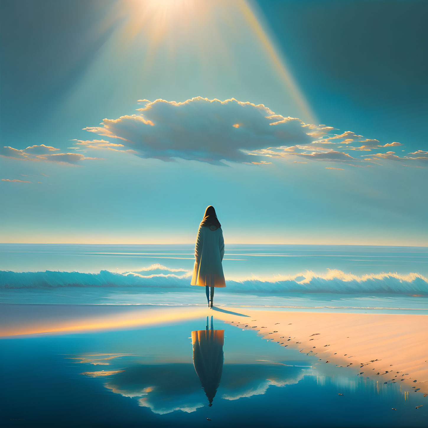 Figure by Reflective Water Surface Under Radiant Sky