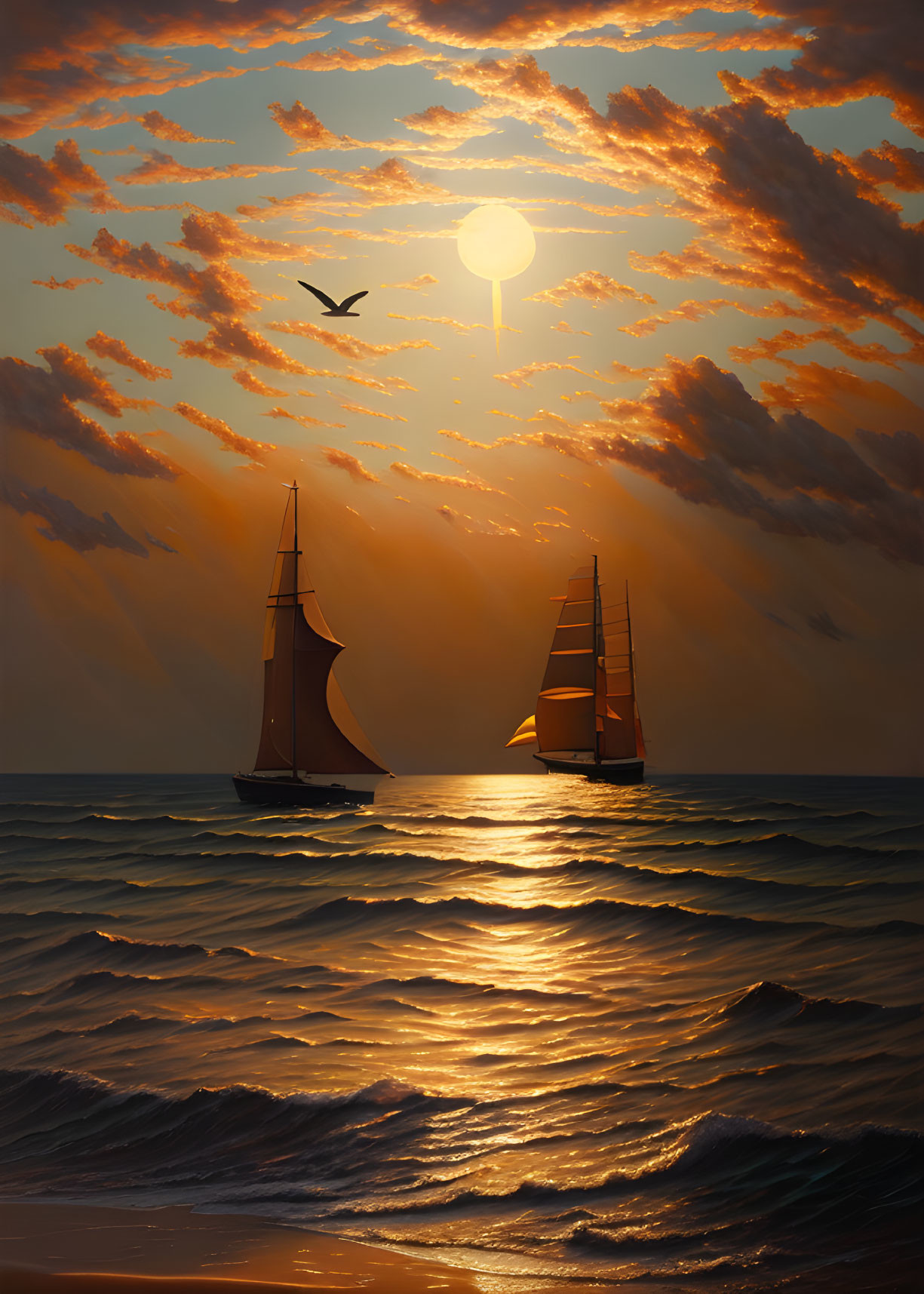 Tranquil sunset scene with sailboats, bird, and golden skies