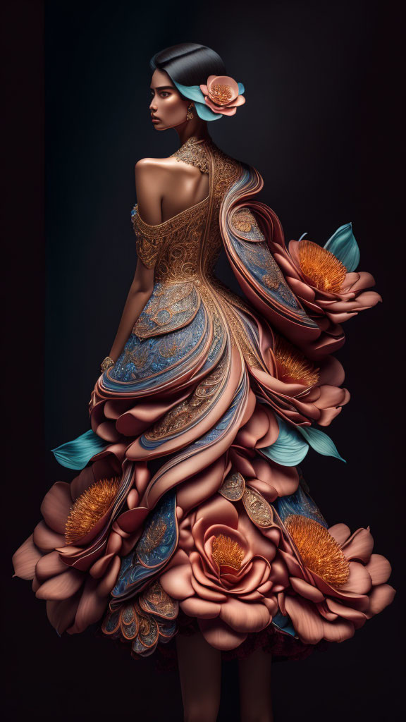 Conceptual floral gown with swirling structure and intricate designs on a woman.