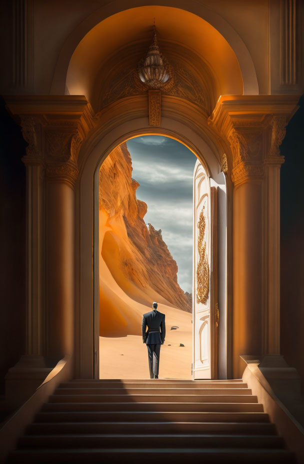 Person in suit at ornate doorway overlooking vast desert with cliffs