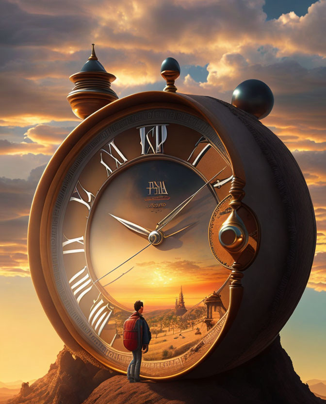 Surreal clock in rocky landscape under dramatic sky