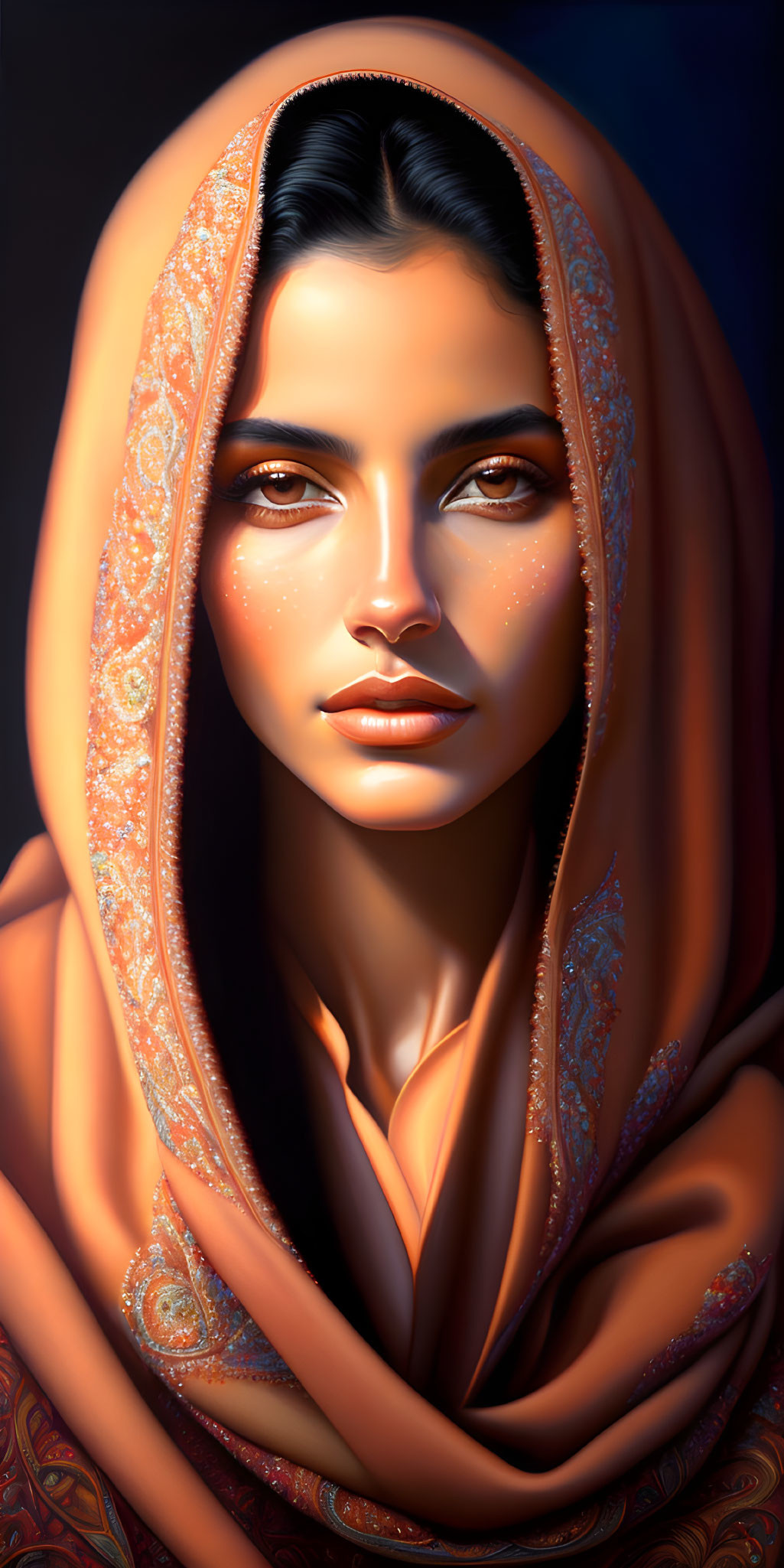 Woman with Deep Brown Eyes and Dark Hair in Orange Shawl Portrait