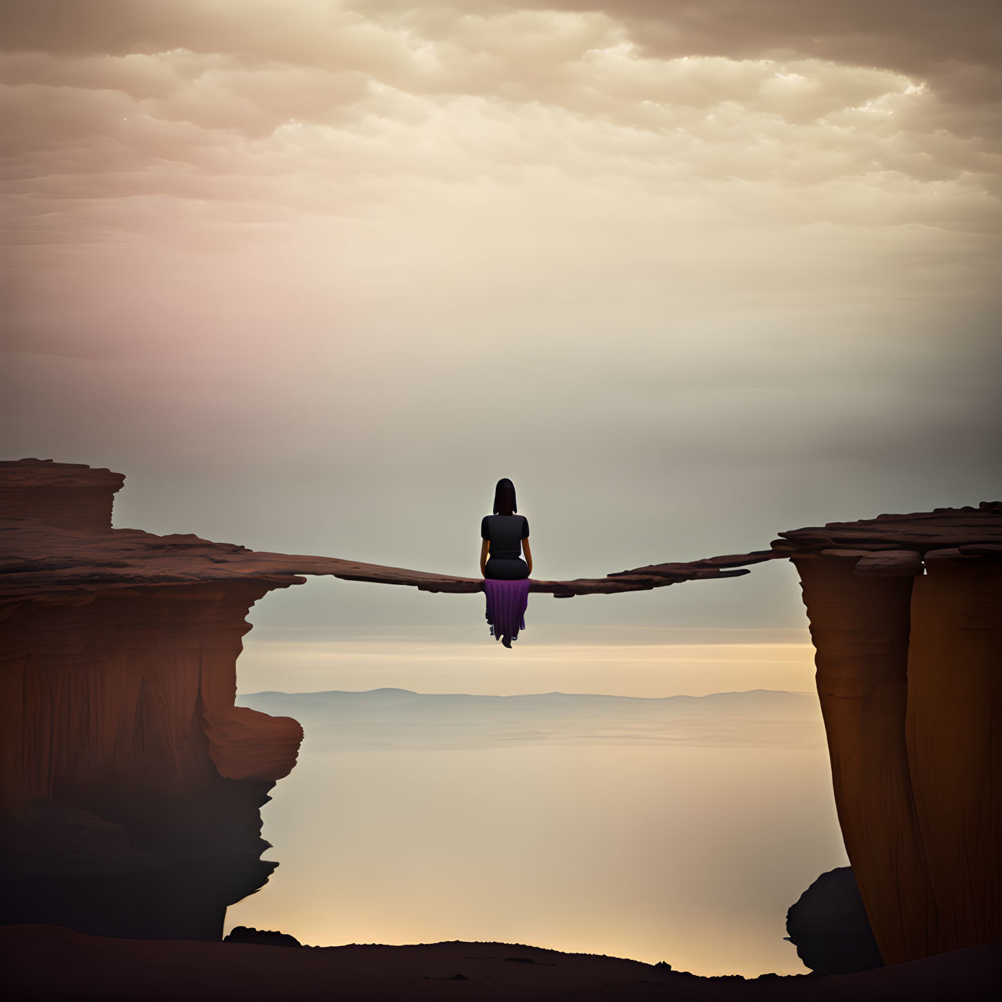 Person sitting on natural rock bridge under dramatic sky at dusk or dawn