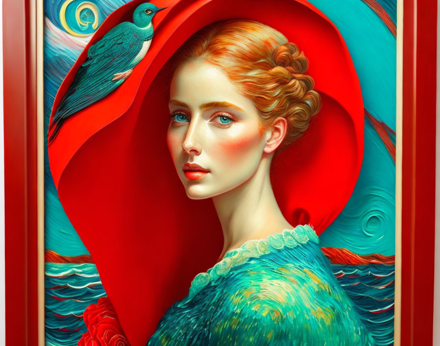 Vibrant red-haired woman in blue dress with matching bird against swirling backdrop