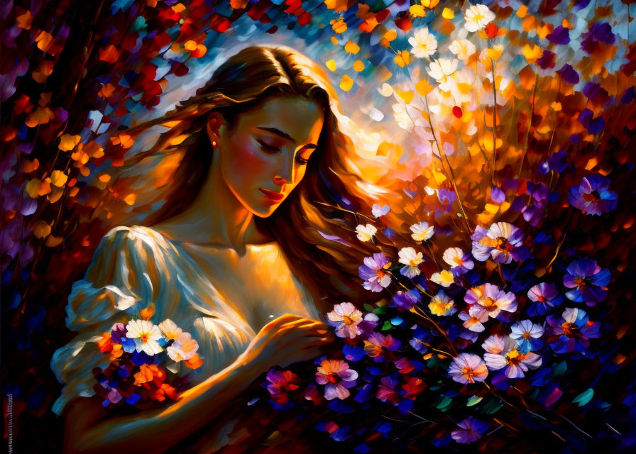 Woman surrounded by vibrant flowers and trees in warm, dreamy setting