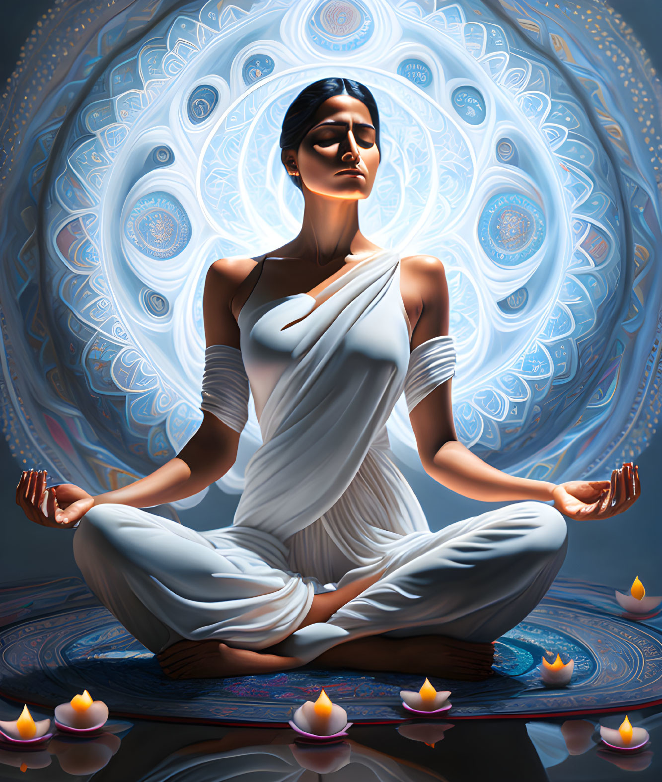 Woman in white meditates surrounded by glowing mandala patterns and candles