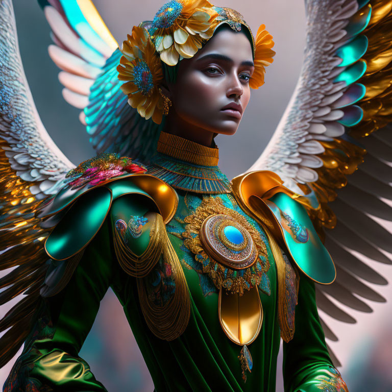 Digital artwork featuring person with angelic wings in green and gold armor