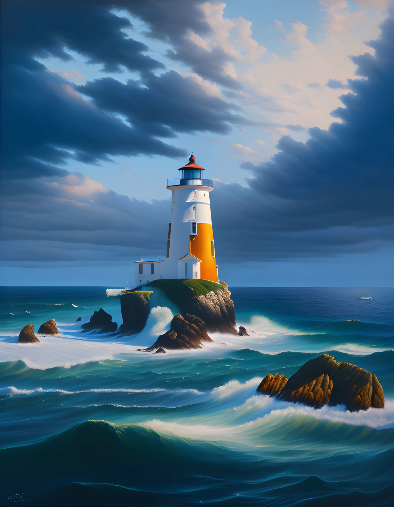 Lighthouse painting on rugged cliff with crashing waves at sunset