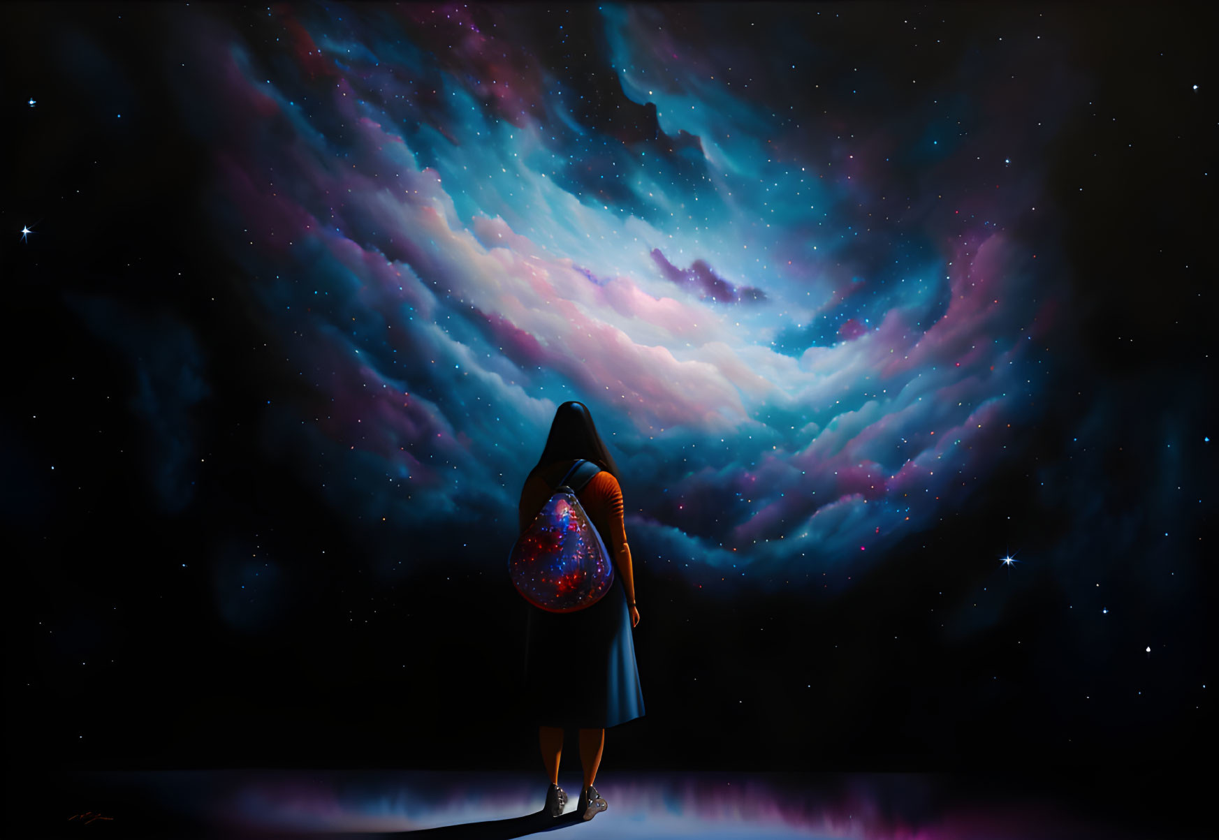 Solitary figure under vibrant night sky with galaxy-patterned bag