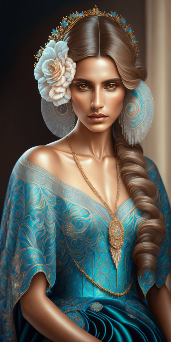 Digital Artwork: Woman with Long Braid in Blue Dress & Flower Crown