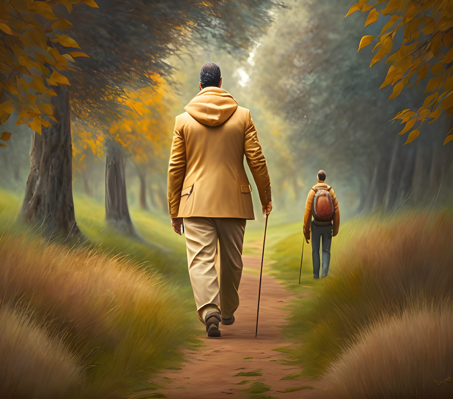 Person in Tan Coat and Hat Walking on Tree-Lined Path in Autumn Setting