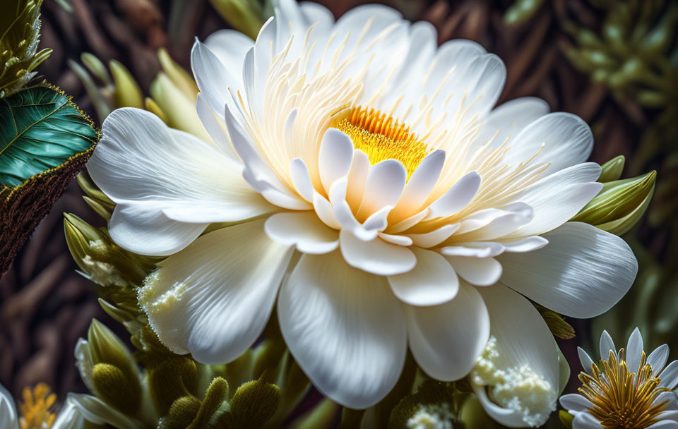 Radiant white flower with delicate petals and golden center in close-up.