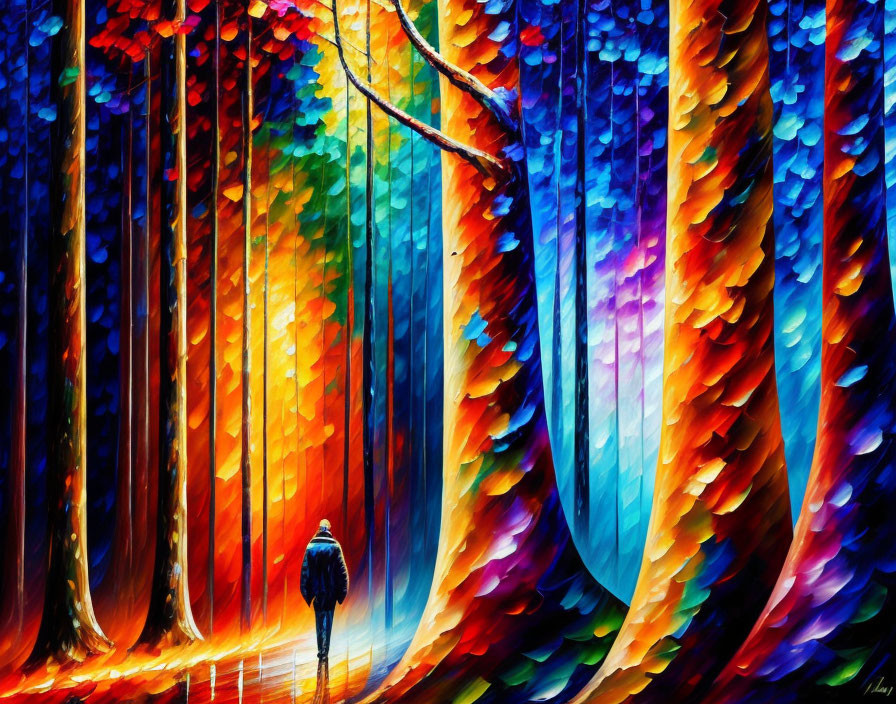 Colorful Impressionistic Forest Painting with Walking Figure