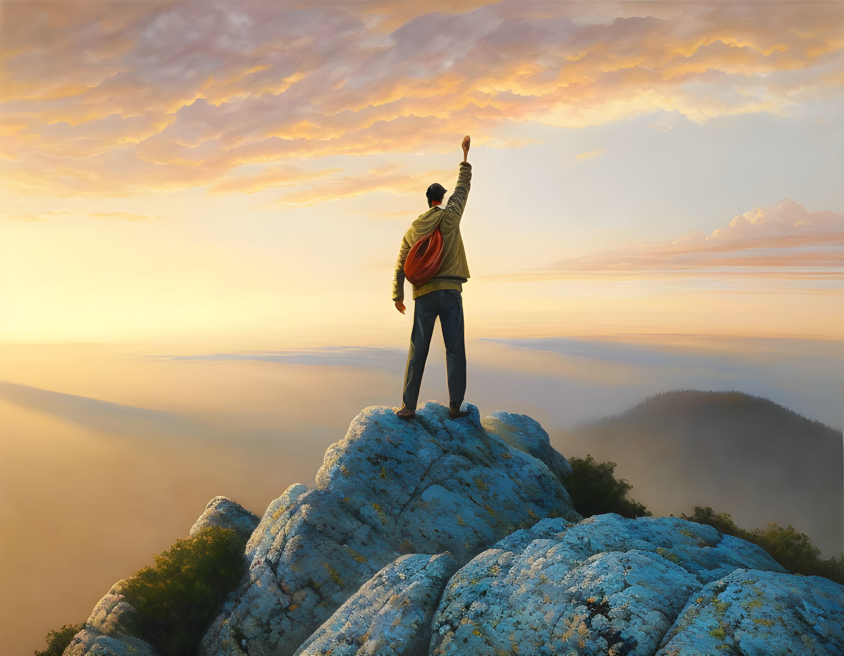 Person standing triumphantly on cliff at sunset with misty hills and mountains.