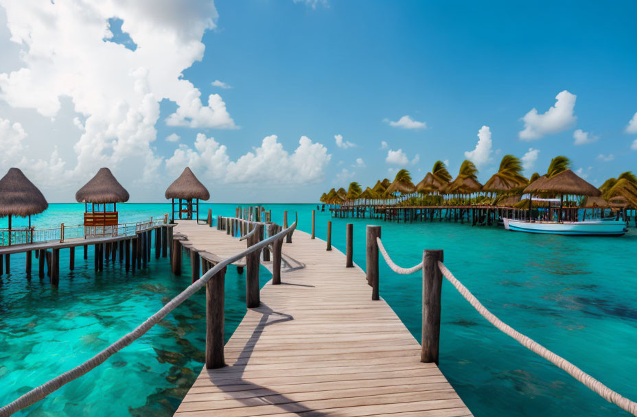 Scenic wooden pier with thatched roof bungalows over turquoise sea