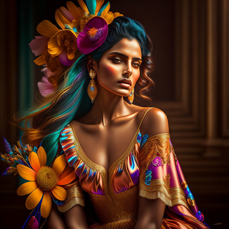 Vividly illustrated woman with blue hair and floral attire against warm backdrop