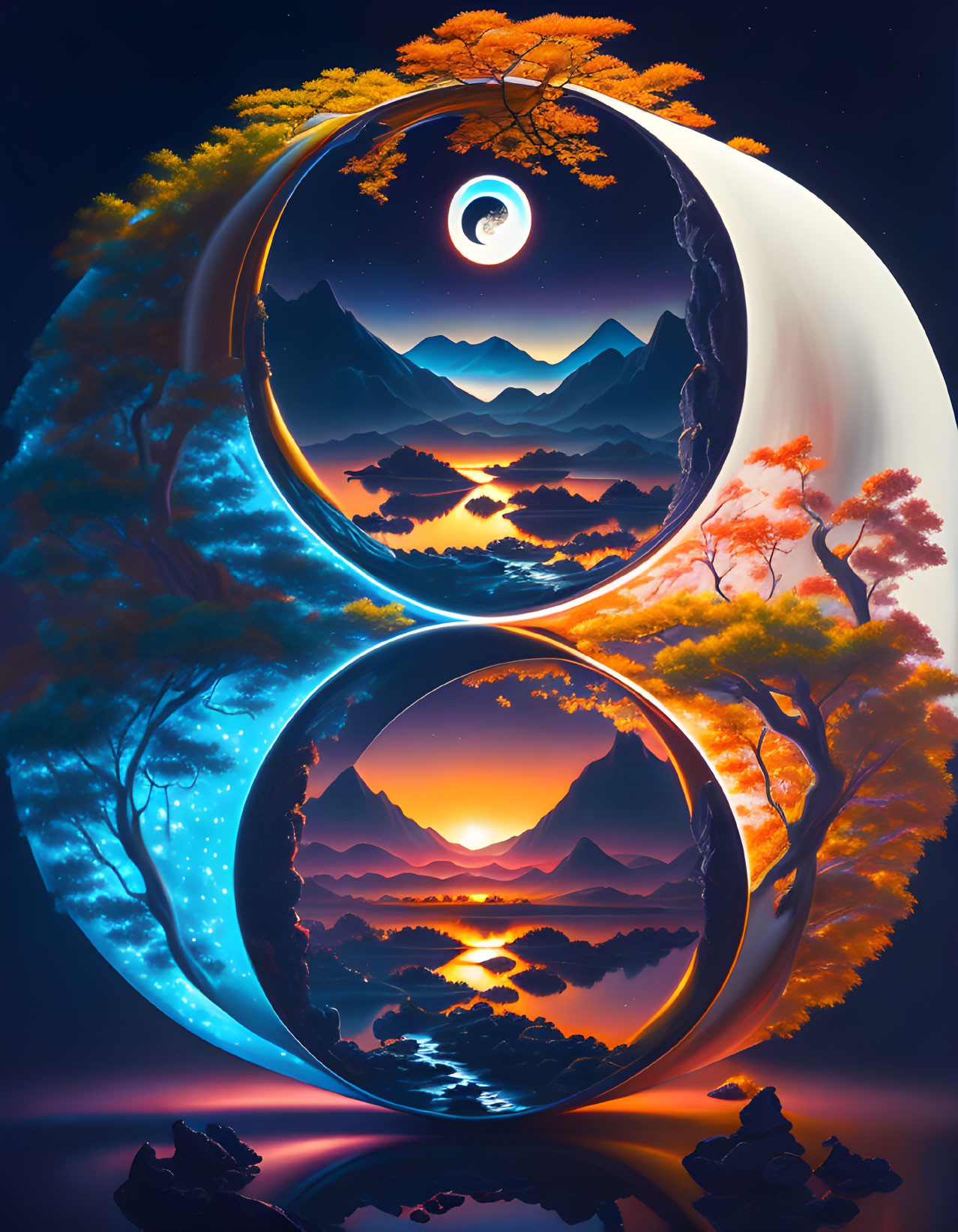 Vibrant yin-yang artwork with contrasting landscapes: starry night vs. fiery sunset