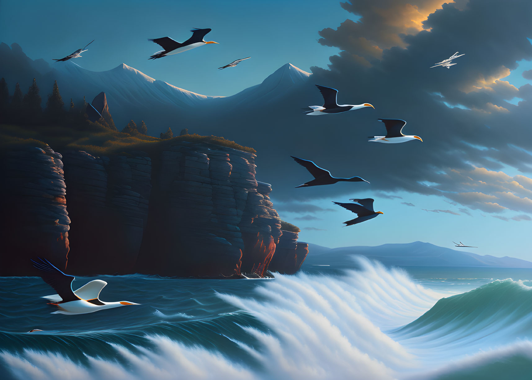 Seabirds flying over ocean waves, cliffs, and mountains under dramatic sky