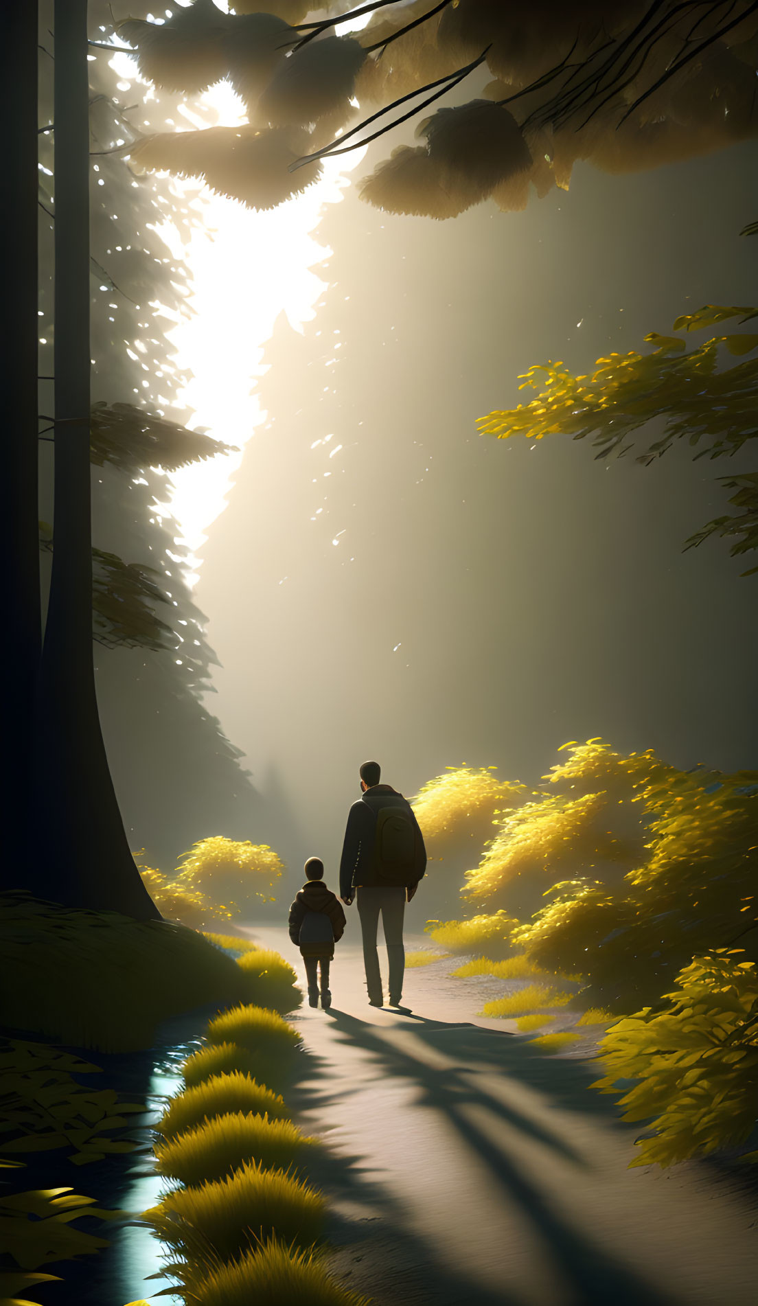 Adult and child walking in a sunlit forest with long shadows and yellow bushes