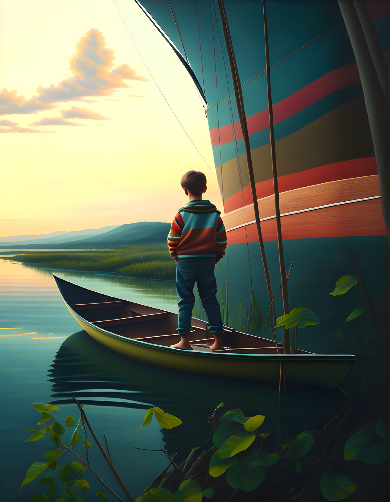 Boy on Canoe at Sunset Lake with Hot Air Balloon Reflection