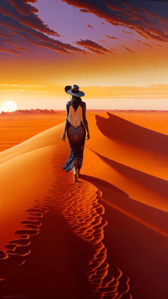 Person in wide-brimmed hat walking on sandy desert dune at sunset