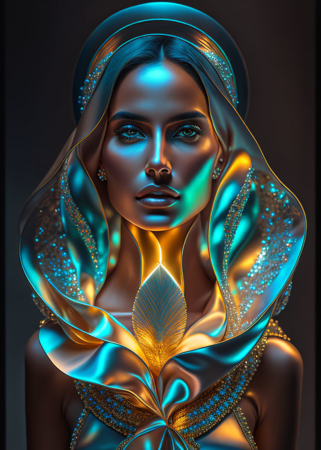 Artistic portrayal of a woman with glowing blue and gold accents