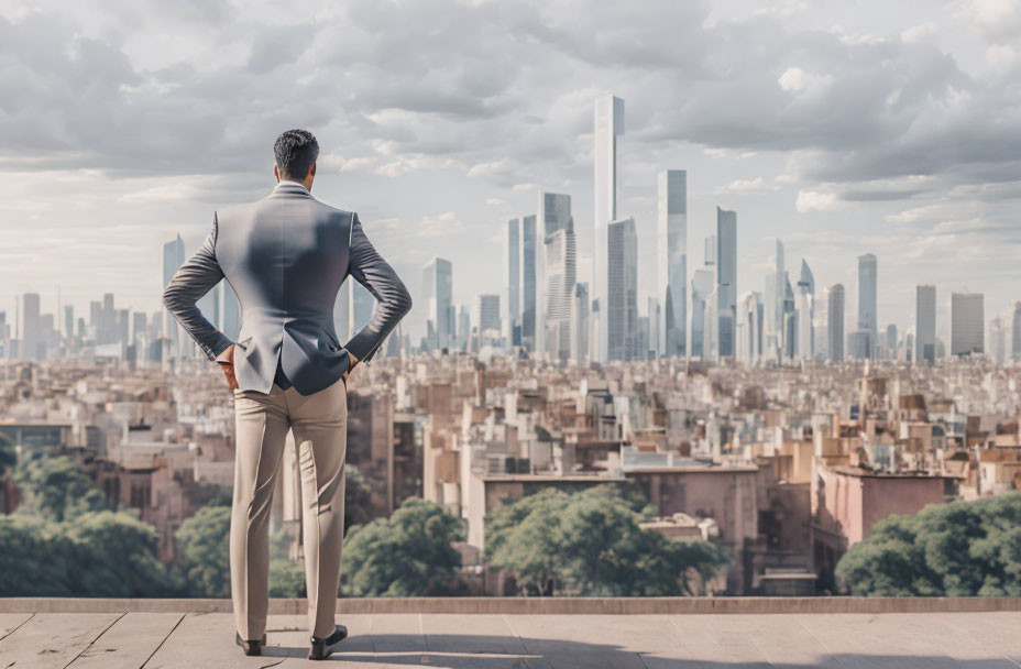 Professional businessman in suit overlooking diverse cityscape.