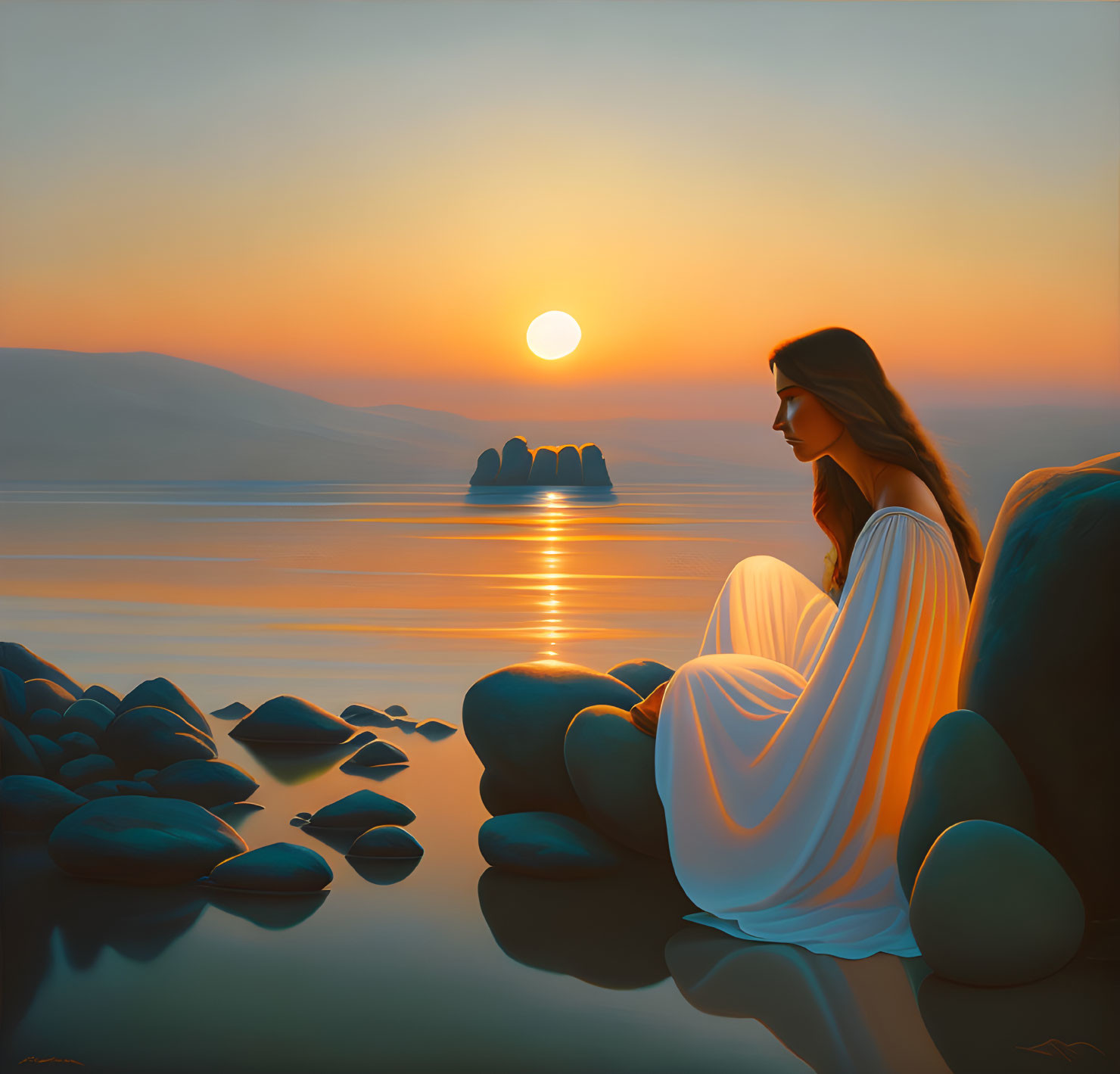 Woman sitting on rocky shore at sunset with tranquil sea and distant mountains.