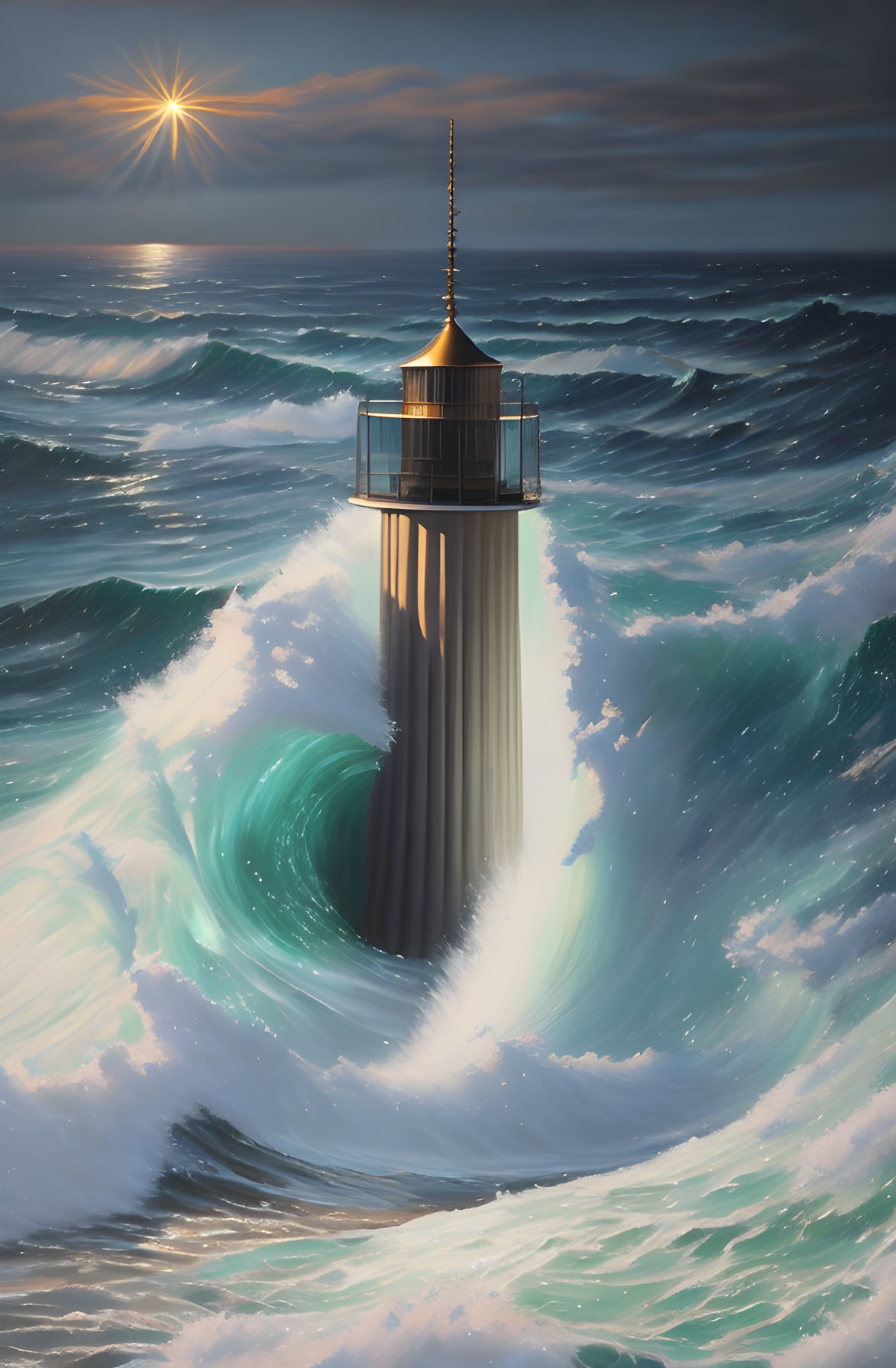 Towering lighthouse in turbulent ocean waves under gleaming sun