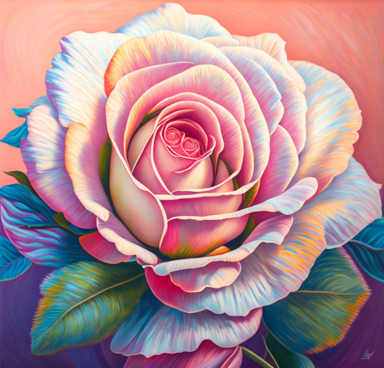 Vibrant digital artwork: Blooming rose with iridescent pink to blue petals on gradient backdrop