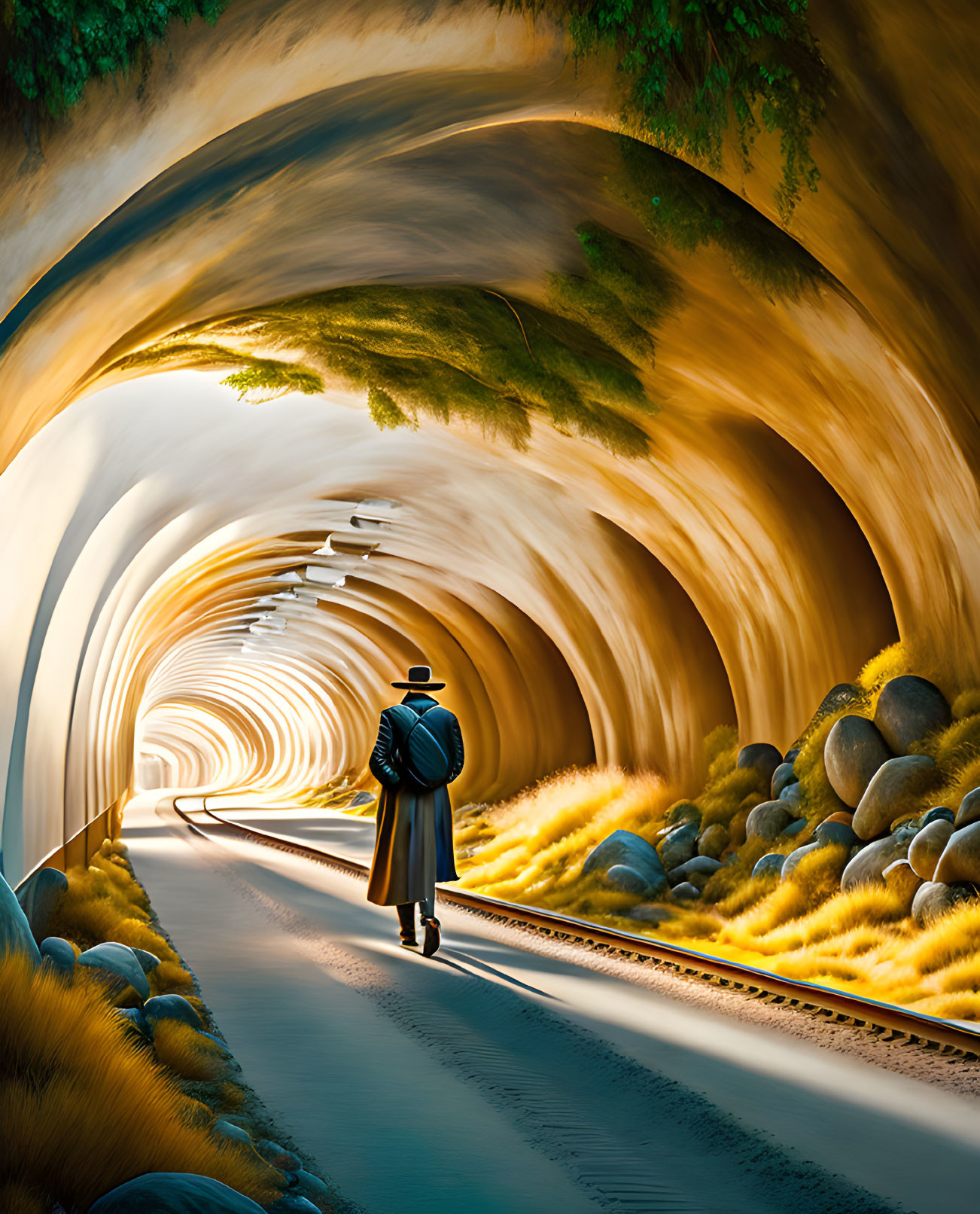 Person in coat and hat walking on curving road in surreal golden landscape