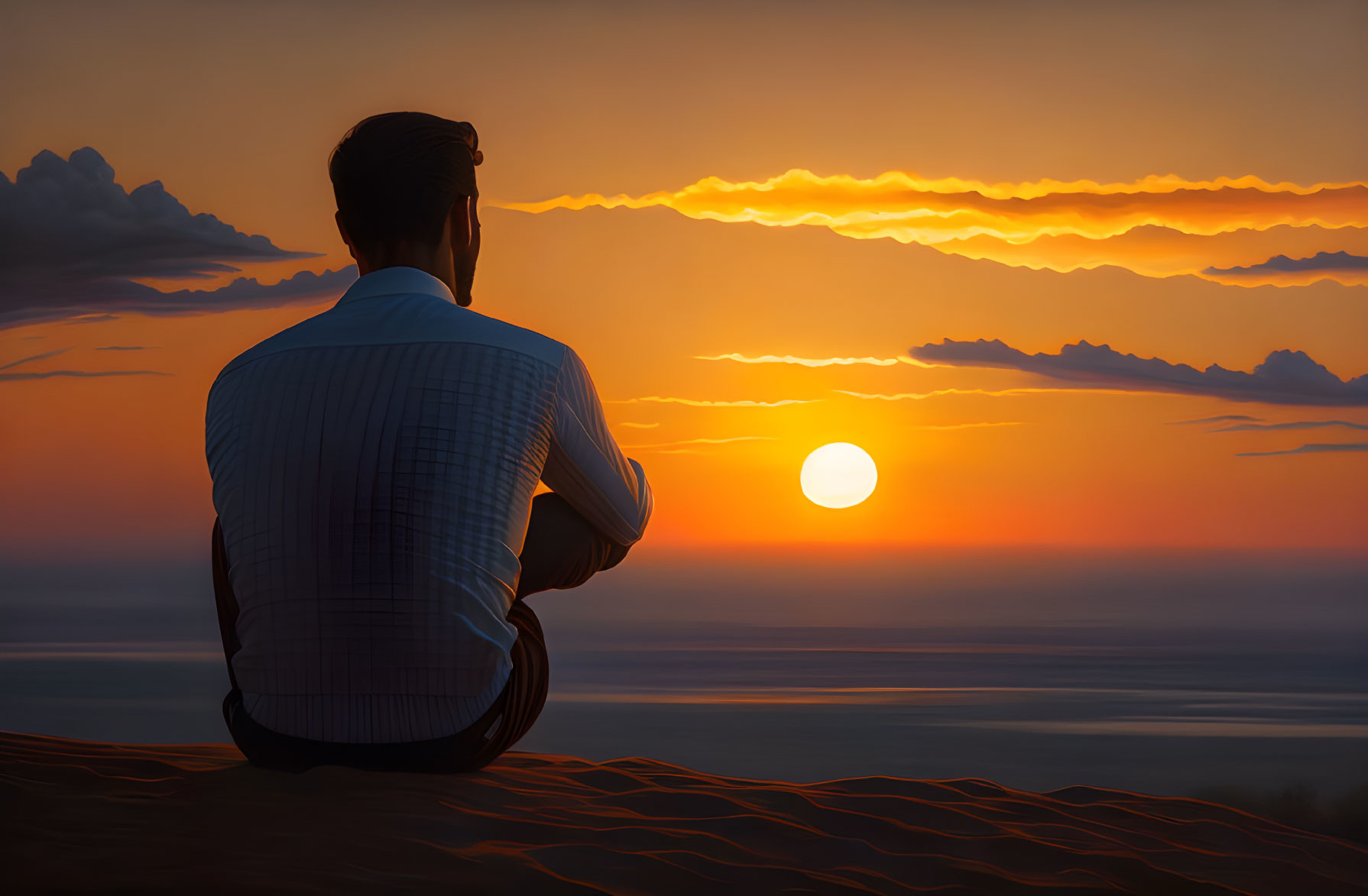 Person sitting on sand dunes watching colorful sunset with clouds