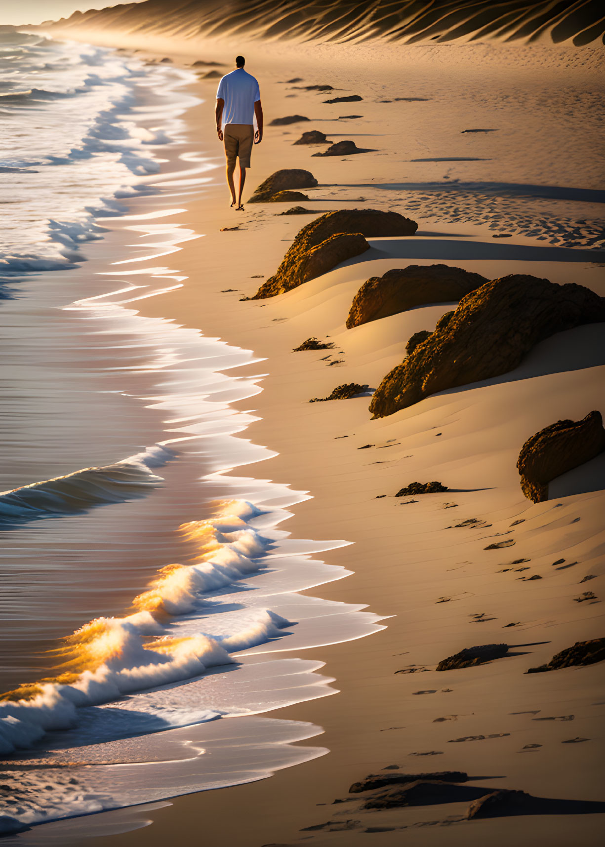 Solitary figure strolling on sandy beach at sunset with gentle waves and scattered rocks