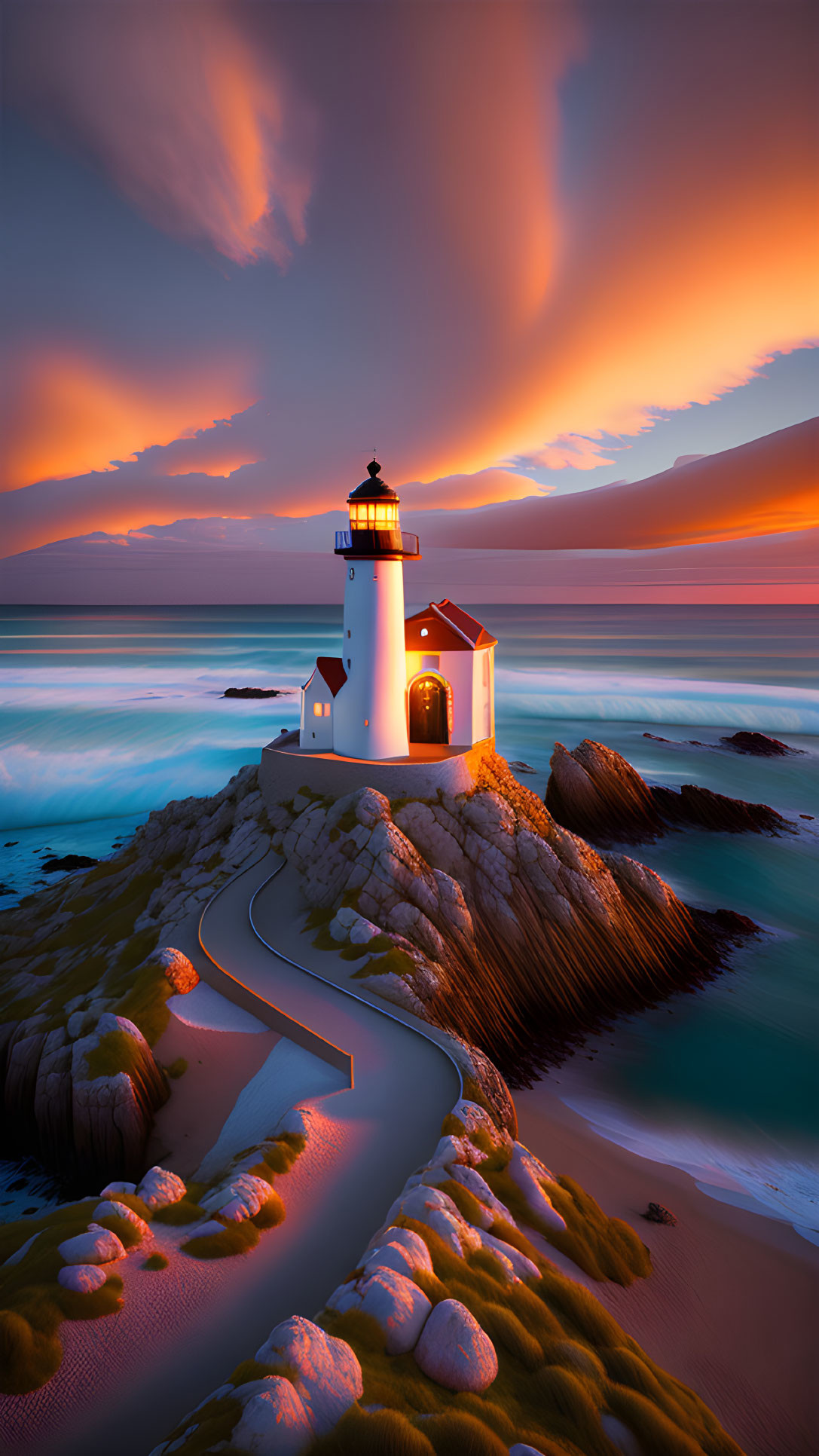 Majestic lighthouse on rocky terrain at vibrant sunset