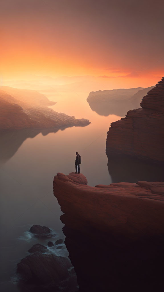 Person on Steep Cliff Overlooking River Canyon at Sunset