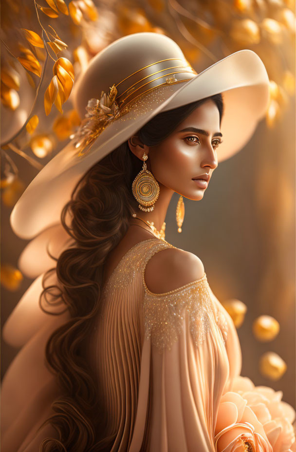 Stylish woman in wide-brimmed hat and golden attire amid autumn leaves