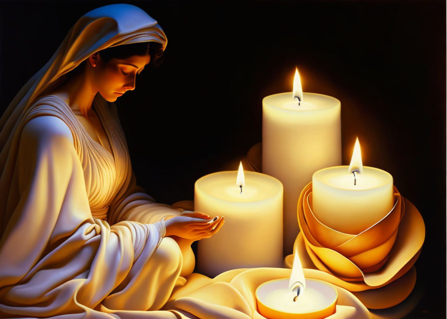 Serene woman in draped garment gazes at lit candles in shadow