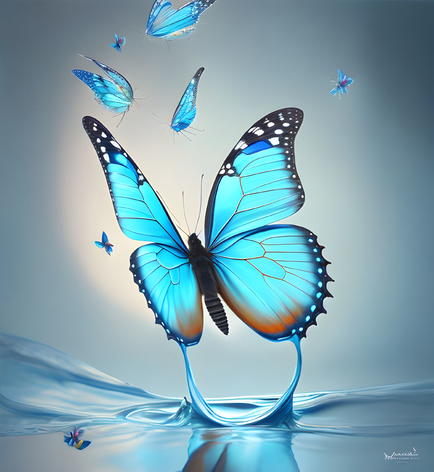 Blue butterfly on water surrounded by smaller butterflies in soft blue background