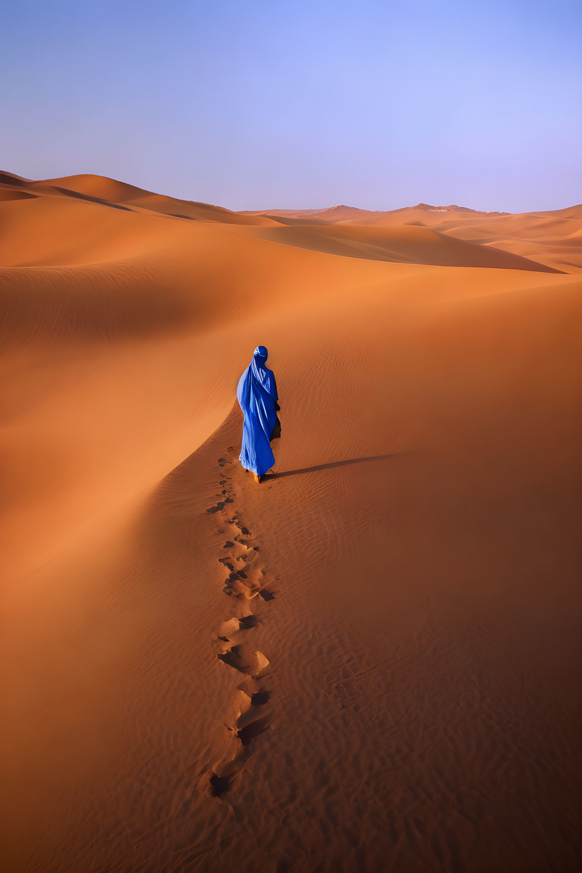 Person in Blue Robe Walking Through Desert Landscape