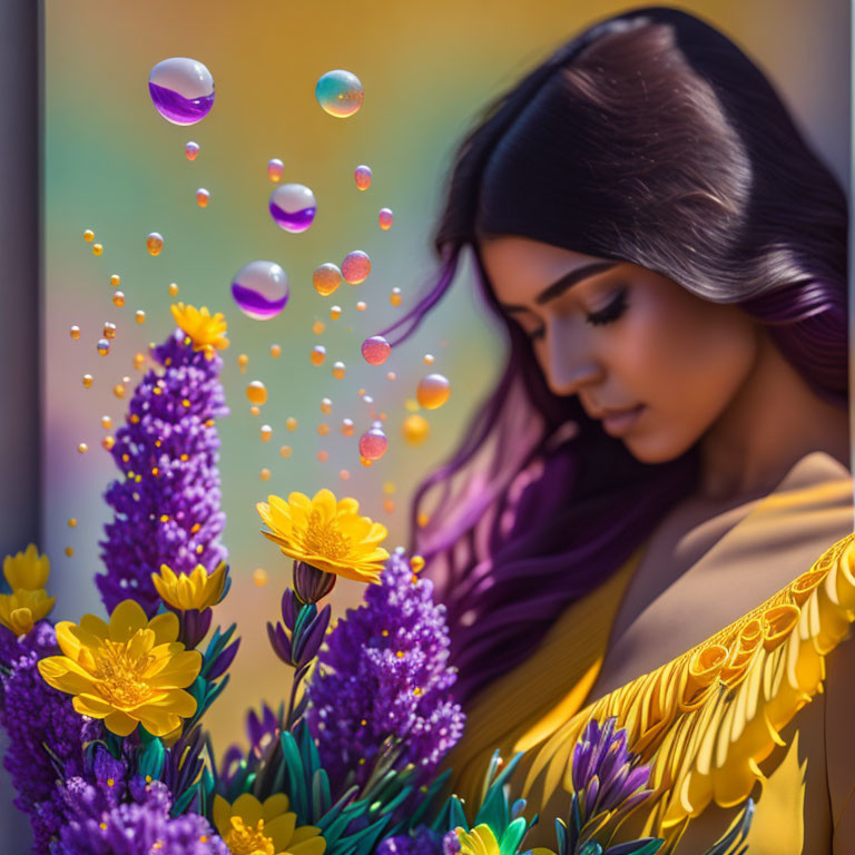 Woman with Long Hair Surrounded by Vibrant Flowers and Shimmering Bubbles