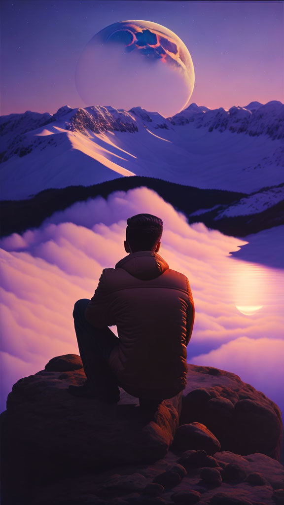 Individual on rock gazes at cloud sea, moon, mountains