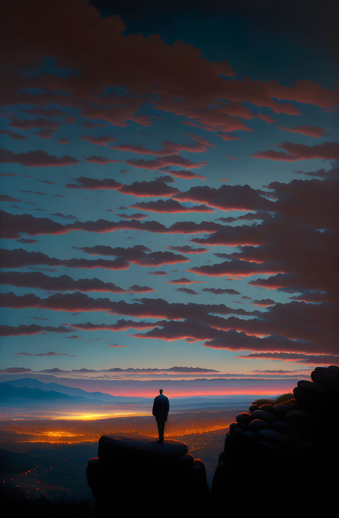 Solitary figure on rocky outcrop gazes over city-lit landscape at sunset